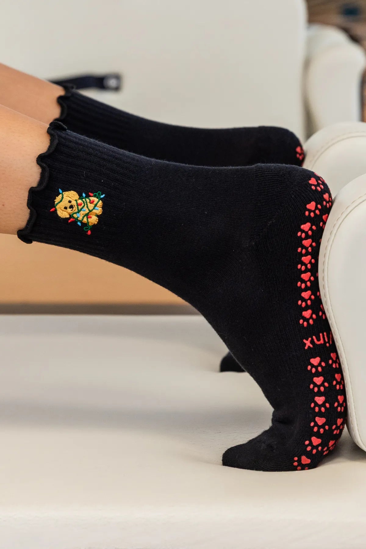 Australia's best Christmas dog crew grip socks, non-slip for reformer, Pilates, yoga, and barre by Cheeky Winx 