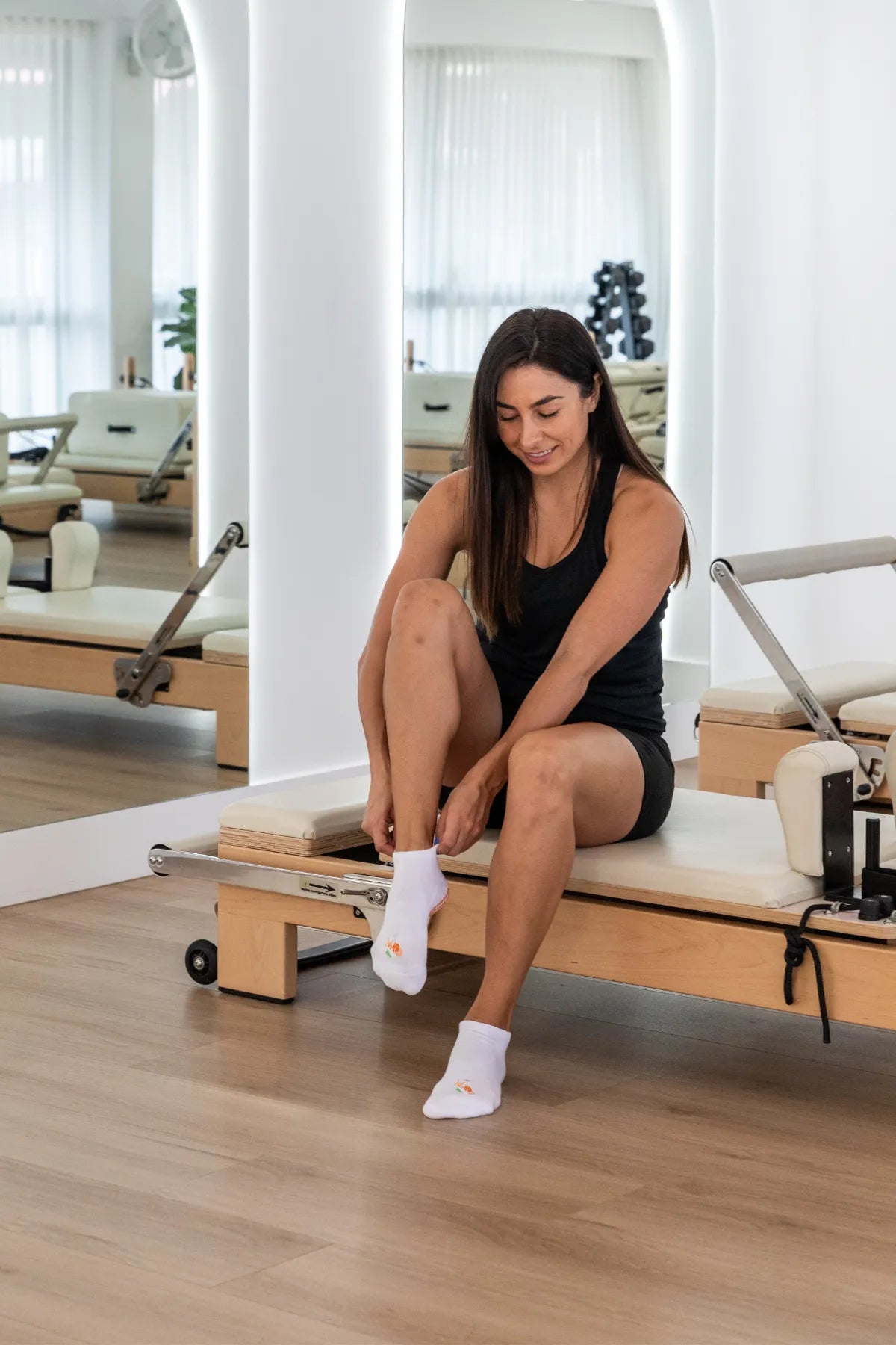 White ankle grip socks with embroidered Aperol Spritz glasses and non-slip sole for reformer, Pilates, yoga, and barre by Cheeky Winx. Australia's best grip socks.